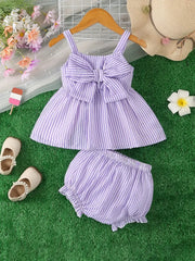 Bow Decor 2pcs Casual Summer Suit Sleeveless Ruffle Top and Ruffle Decorated Shorts