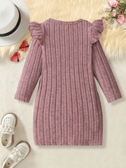 Solid Color Ruffled Sleeve Long Sleeve Dress with Bow Detail
