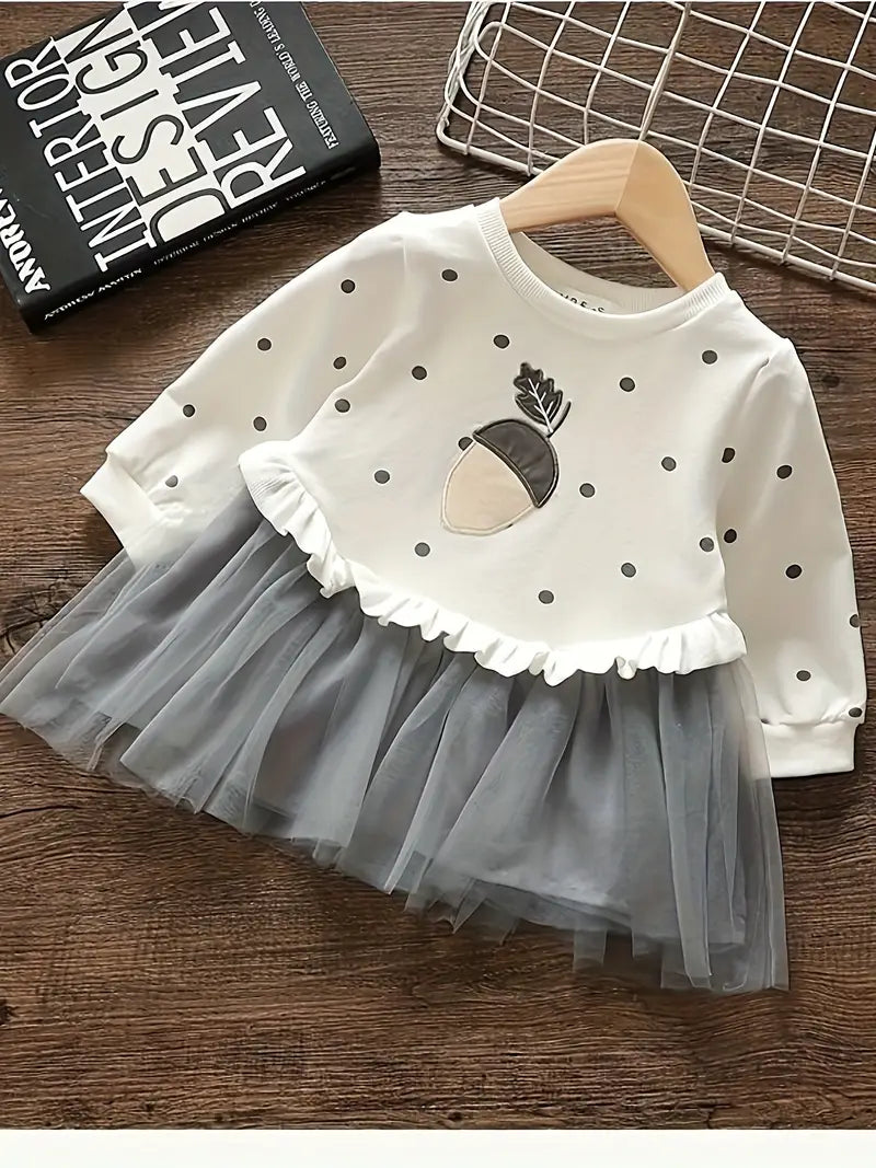 Long Sleeve Dots Pattern Print Sweatshirt Mesh Dress