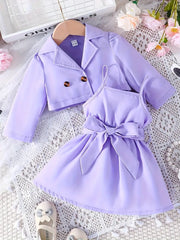 2pcs Long Sleeve Short Coat + Solid Color Suspender Skirt