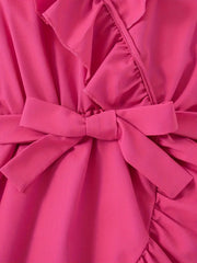 Solid Color Polyester Knee-Length Casual Dress Sleeveless V-Neck Dress with Ruffle Detail and Belt