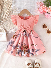 Casual Polyester Floral Print Dress with Ruffled Sleeves and Bow Detail