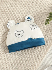 Long-Sleeve Bear Print + Diaper Pants + Hat Three-Piece Set