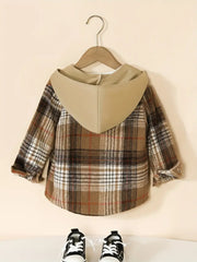 Boy's Hooded Plaid Long Sleeve Button Up Shirt With Pockets