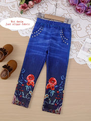 Flower Graphic Imitation Denim Print Leggings Pants