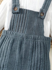 3pcs Forest Style Solid Color Long Sleeve Top + Ribbed Overalls + Hat Set