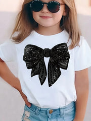 Sparkling Bow Print Tee Crew Neck Short Sleeve T-Shirt