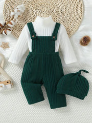 3pcs Forest Style Solid Color Long Sleeve Top + Ribbed Overalls + Hat Set