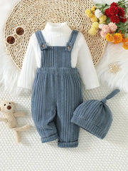 3pcs Forest Style Solid Color Long Sleeve Top + Ribbed Overalls + Hat Set