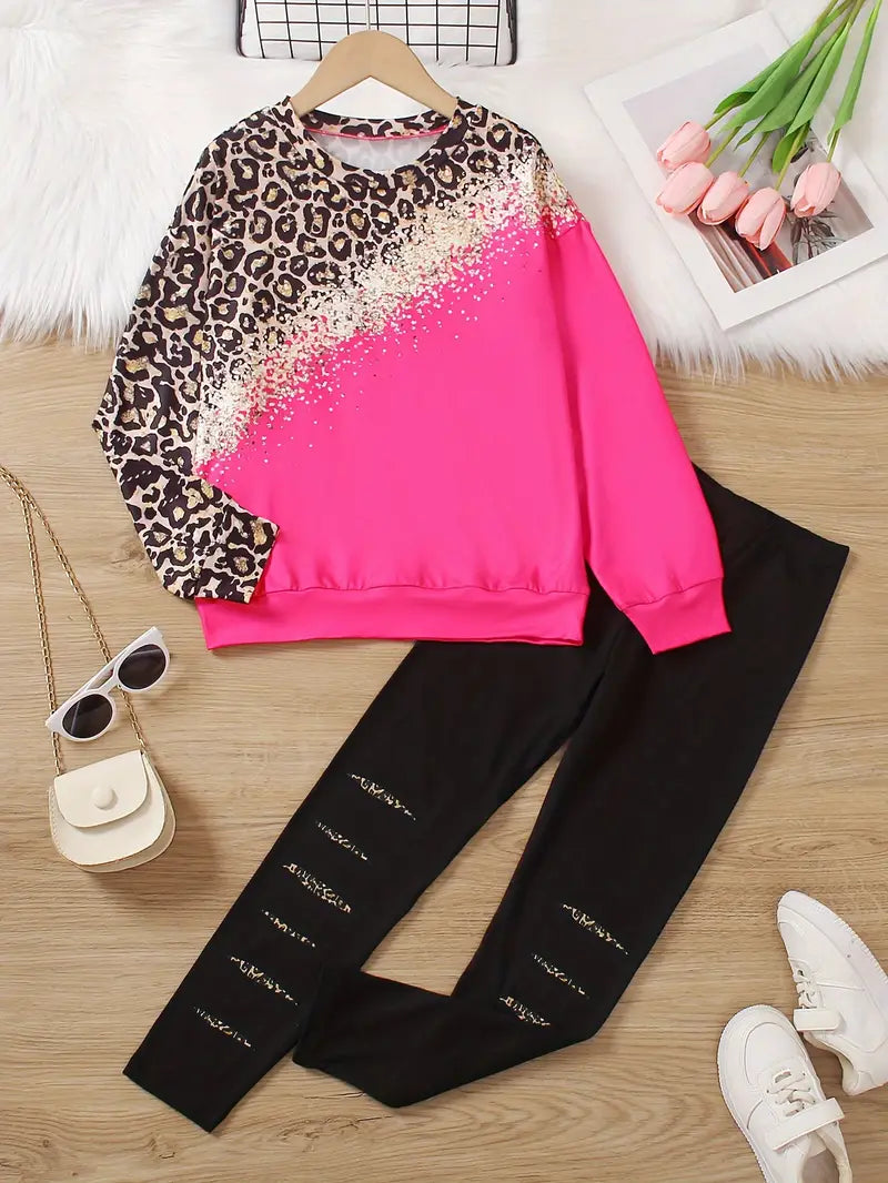 Leopard Print Pattern Round Neck Rose Red Long Sleeve Top & Pants