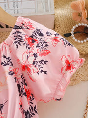 Pattern Puff Sleeve Romper Jumpsuit With Belt