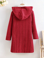 Solid Color Rib-knit Open Front Hooded