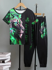 1Round Neck Short-Sleeved T-Shirt + Lion Pattern Positioning Print Tapered Trousers