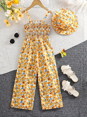 Floral Print Sleeveless Jumpsuit with Matching Beach Hat