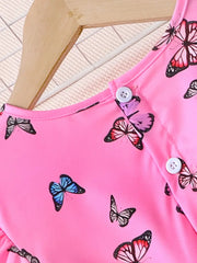 Summer Bubble Sleeve Butterfly Print Pleated Belted Dress