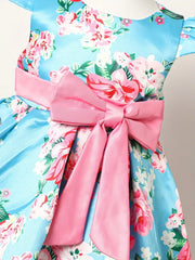 Slim-Fit Bodice & Flared Rose Floral Print Dress with Red Ribbon Belt Skirt