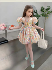 Pearl-Embellished Round Neck Short Sleeve Dress with Ruffled Bubble Cuffs & Bow Waist
