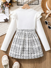 2-Piece Flounce Trim Long Sleeve Top + Tweed Knit Skirt Set