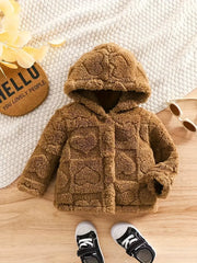 Plush Hooded Jacket With Heart Pattern