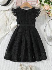 Lace Round Neck Small Flutter Sleeve Zipper Sweet Cute Dress with Belt