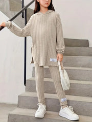 2pcs Ribbed Knit Long Sleeve Top + Pants Set