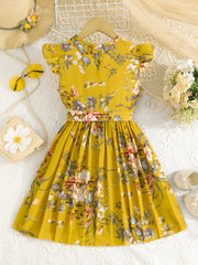 Summer Floral Print Sleeveless Pleated Dress with Belt