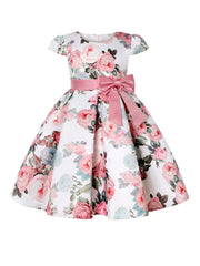 Slim-Fit Bodice & Flared Rose Floral Print Dress with Red Ribbon Belt Skirt