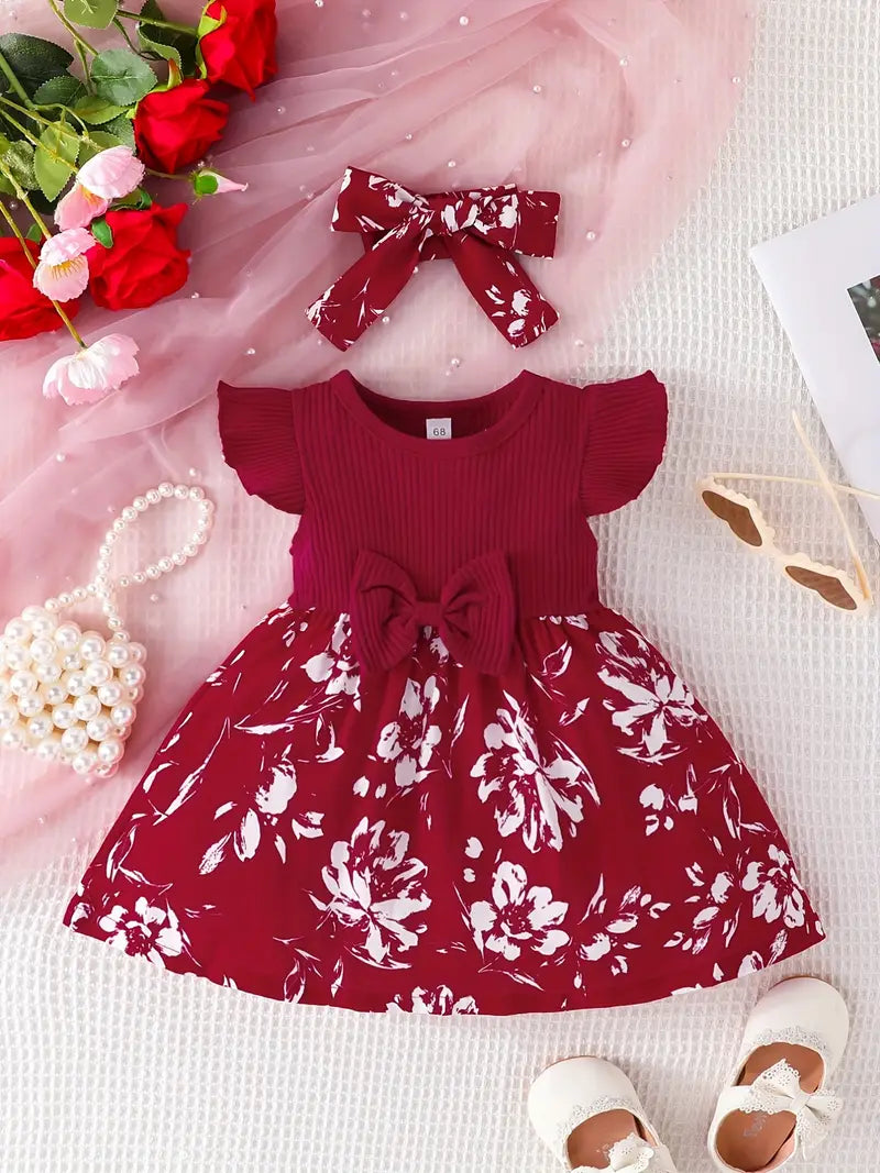 Baby Flying Sleeve Print Skirt + Headscarf Two-piece Set