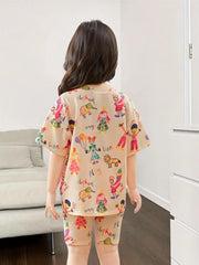 Short Sleeve Outfit for Outdoor Pink Graffiti Print Casual T-Shirt and Shorts Set