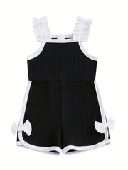 Sleeveless Ruffle Detail White Bow Accents Cute Summer Cotton Romper