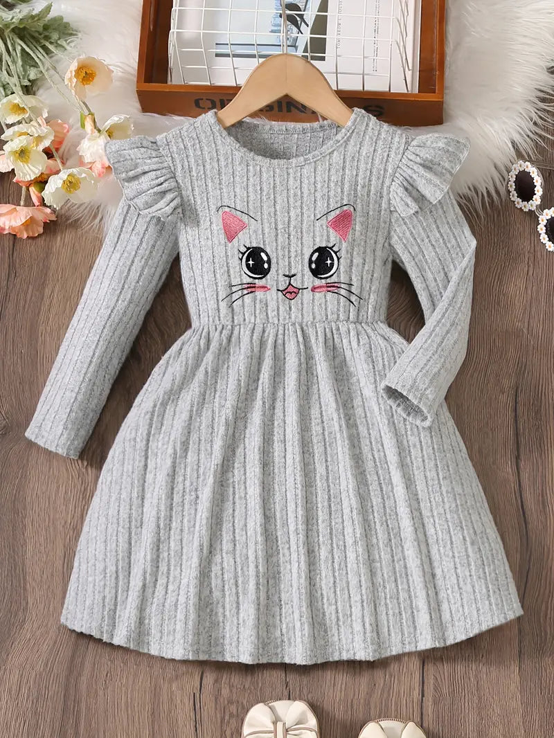 Cat Print Long Sleeve Dress With Embroidery