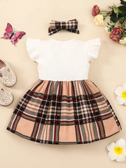 2pcs Splicing Suspender Dress Fly Sleeve Bow Plaid Dress & Headband Set