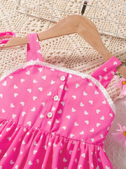Summer Dress with Ruffled Pink Heart Print Sleeveless Princess Dress