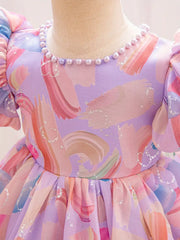 Pearl-Embellished Round Neck Short Sleeve Dress with Ruffled Bubble Cuffs & Bow Waist