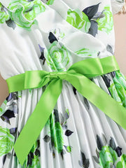 Chic Floral Dress for Girls with V-Neck & Belt