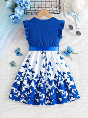 Butterfly Patchwork Ribbed Seamless Wood Ear Cuff Sleeve Dress + Belt Two-Piece Set