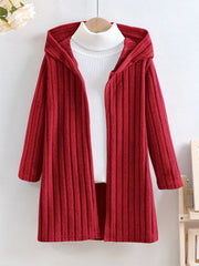 Solid Color Rib-knit Open Front Hooded