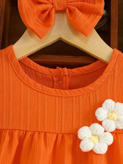 Casual Flower Flying Sleeve Dress + Hair Tie Two-Piece Set