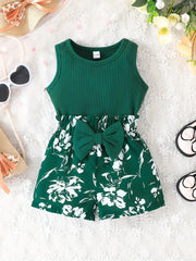 Sleeveless Top & Floral Shorts Bow Decor Cotton & Polyester Blend