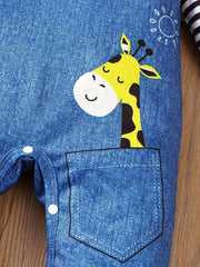 Cartoon Imitation Denim Jumpsuit Pattern Casual Long Sleeve Romper