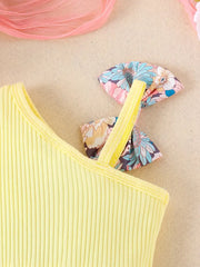 Summer Floral One-Shoulder Matching Bow Headband Romper