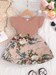 Casual Polyester Floral Print Dress with Ruffled Sleeves and Bow Detail