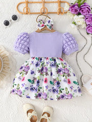 Bow Puff Short Sleeves Floral Print Knitted Dress