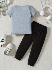 2pcs Casual Summer Outfit, Eid Mubarak Geometric-Patterned Polyester T-Shirt and Jogger Pants Set