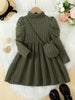 Casual Solid Color Striped High-neck Bubble Long-sleeved Dress