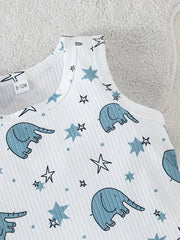 Sleeveless Round Neck Cute Elephant Print Vest + Letter Embroidered Decorative Shorts Set