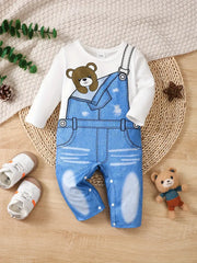 Cartoon Imitation Denim Jumpsuit Pattern Casual Long Sleeve Romper