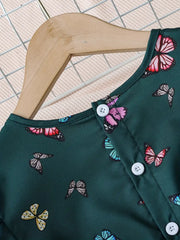 Summer Bubble Sleeve Butterfly Print Pleated Belted Dress