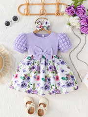 Bow Puff Short Sleeves Floral Print Knitted Dress