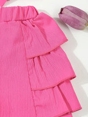 Red Shorts Bubble-Fold Design Large Bow Top & Ruffled Shorts Set